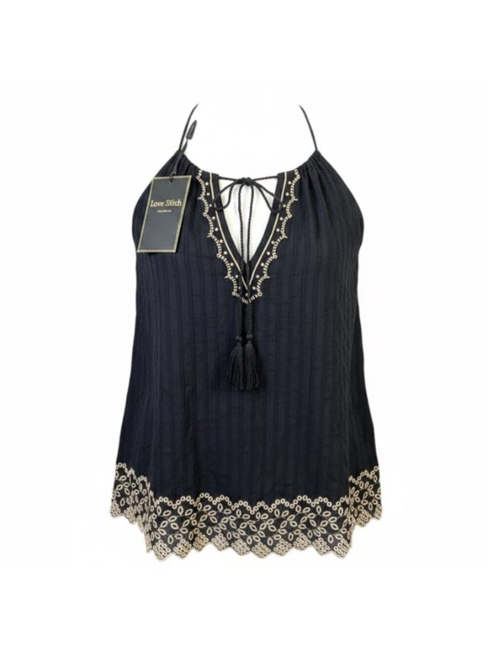 Love Stitch Womens Black Embroidered Sleeveless Halter Tank Top Size M